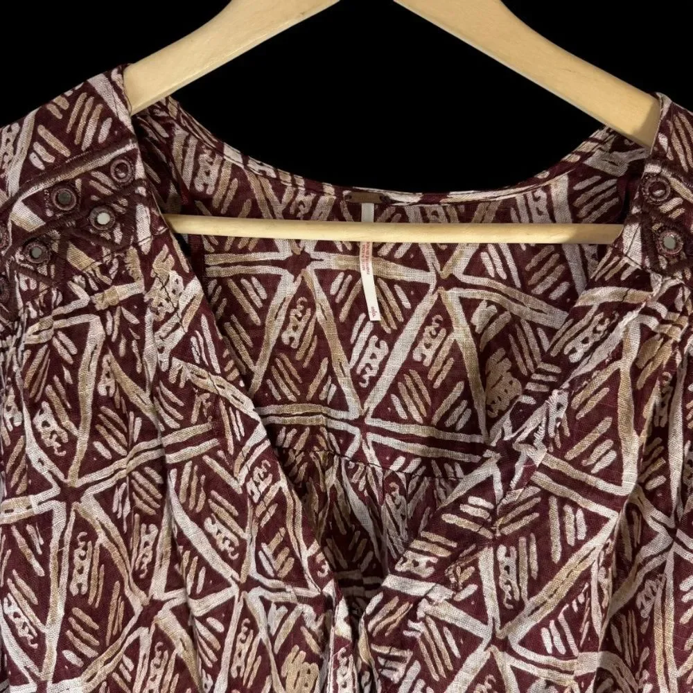 Free People Waverly‎ Women's Brown Batik Print Slouchy Crop Blouse Sz S